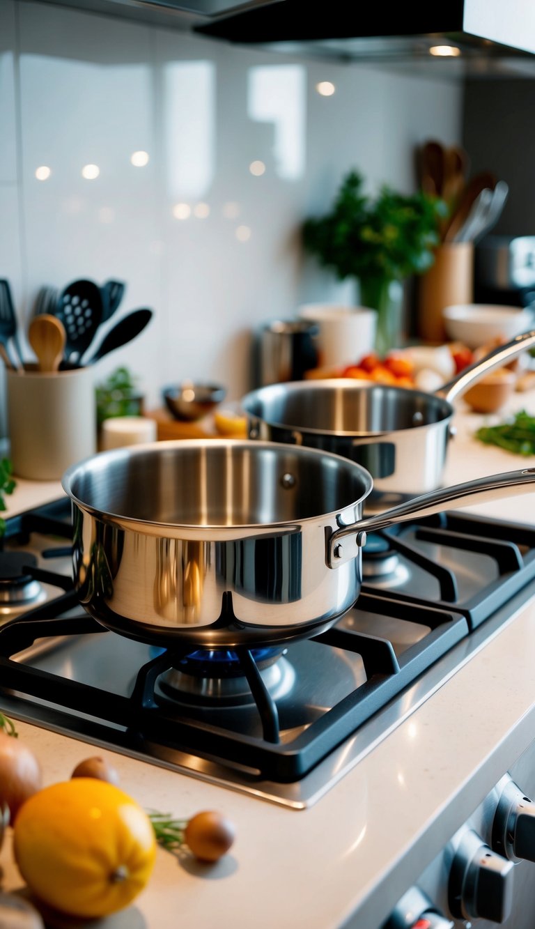 A stainless steel pot and pan set on a modern kitchen stove, surrounded by various ingredients and utensils
